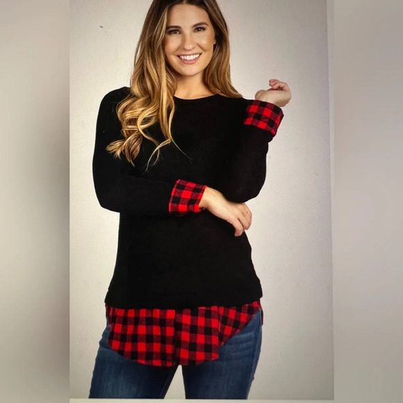 Pinkblush Tops - New Pinkblush Black‎ Plaid Shirttail Maternity Sweater